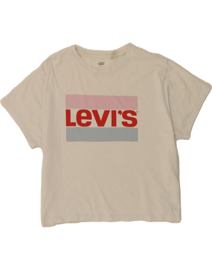LEVI'S Womens Oversized Crop Graphic T-Shirt Top UK 14 Medium White Cotton Vintage Levi's and Second-Hand Levi's from Messina Hembry 
