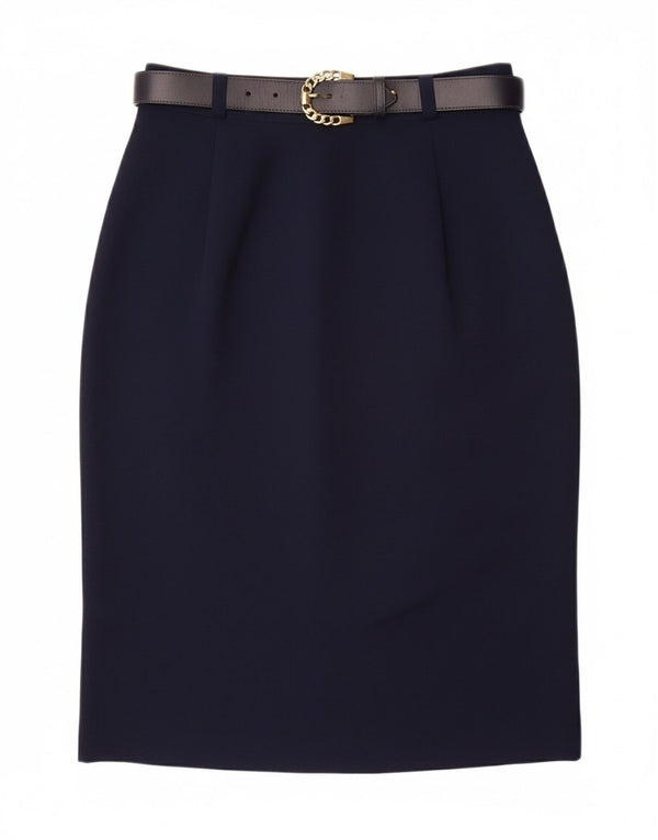 Gonna a tubino da donna VINTAGE UK 10 piccola W26 poliestere blu navy