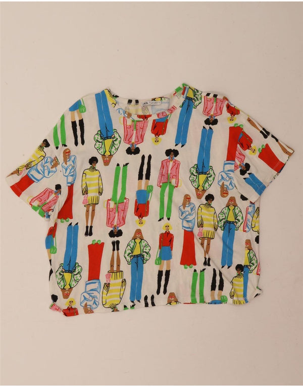 T-shirt grafica corta da donna Zara con motivo astratto, taglia UK 16, grande, bianco sporco