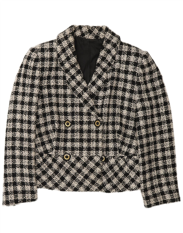 Giacca blazer doppiopetto vintage da donna UK 12 medio nero a quadri