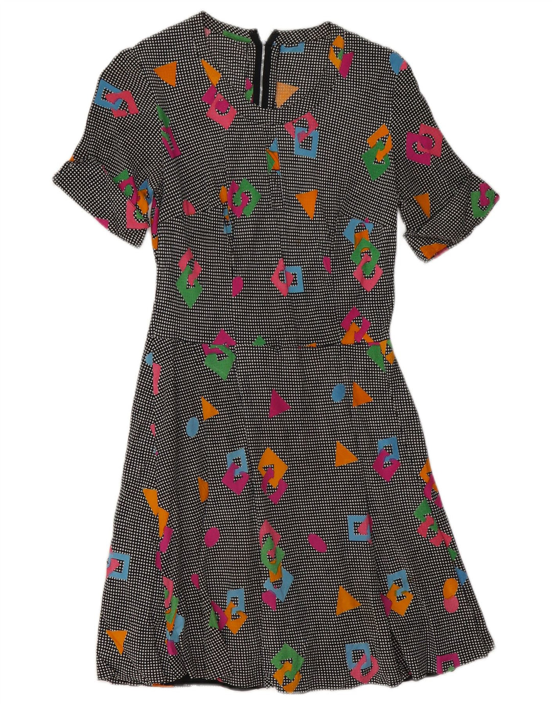 Abito a trapezio da donna vintage UK 8 piccolo motivo geometrico multicolore