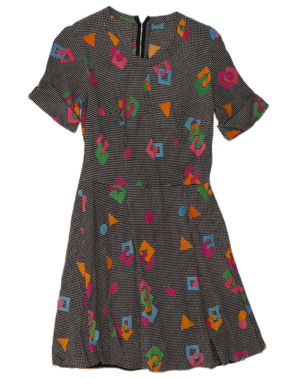 Abito a trapezio da donna vintage UK 8 piccolo motivo geometrico multicolore