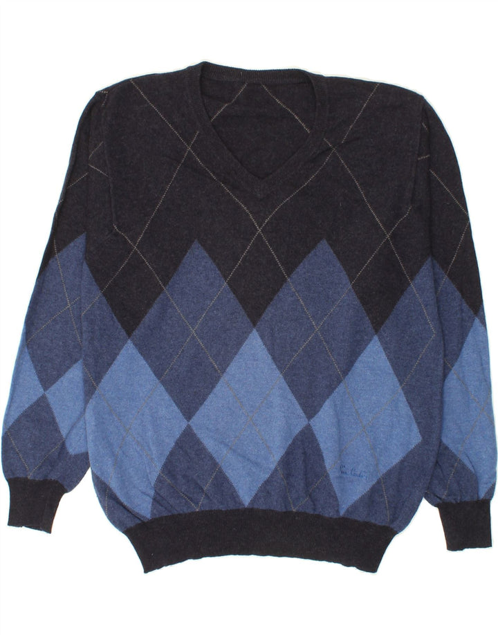 Maglione da uomo con scollo a V VINTAGE IT 52 Large Blu Navy Argyle/Diamante