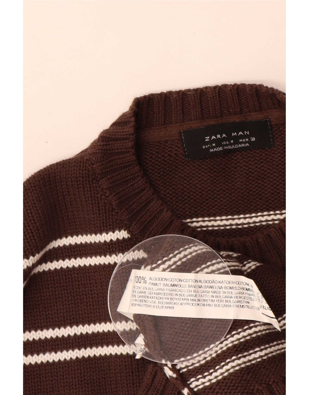 Maglione maglione girocollo da uomo Zara in cotone a righe marrone medio