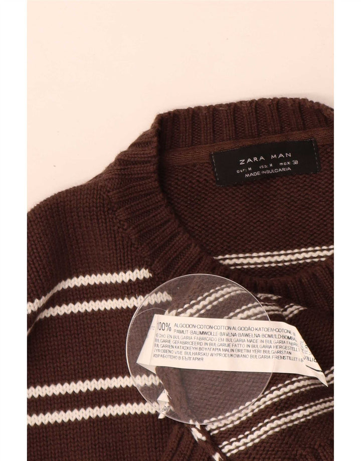 Maglione maglione girocollo da uomo Zara in cotone a righe marrone medio