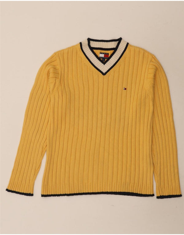 Maglione maglione con scollo a V da donna Tommy Hilfiger UK 16 Large Yellow Colourblock