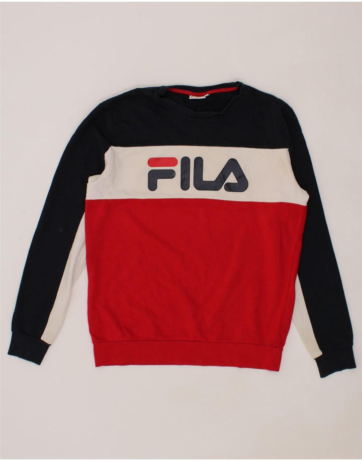 FILA Mens Graphic Sweatshirt Jumper Small Multicoloured Colourblock Cotton Vintage Fila and Second-Hand Fila from Messina Hembry 
