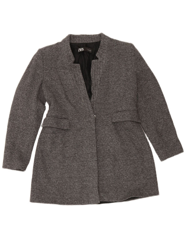 Giacca blazer a 1 bottone da donna Zara UK 16 grande cotone grigio a spina di pesce