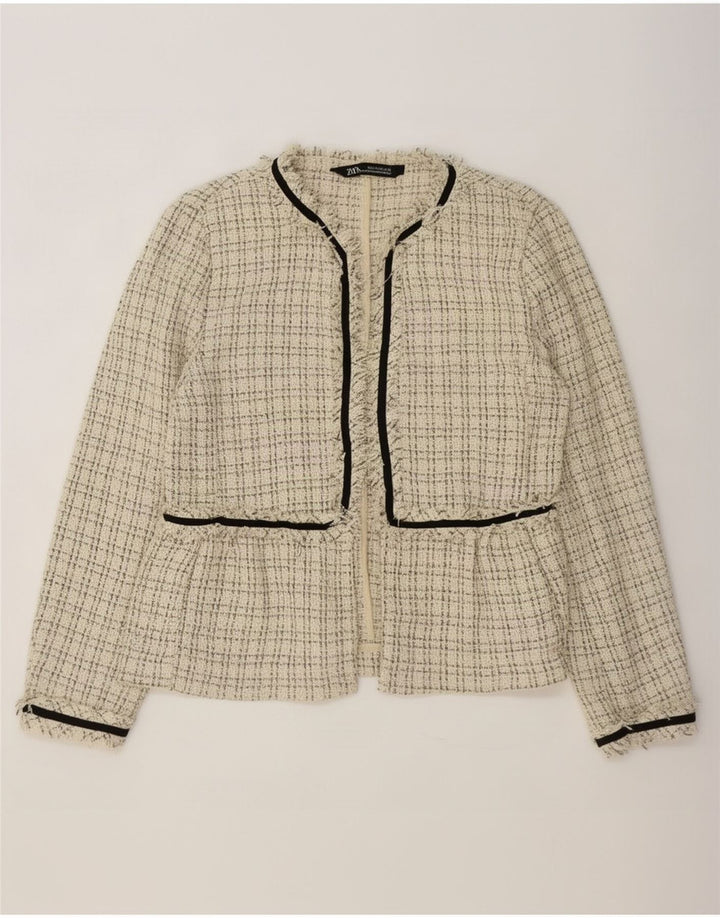 Giacca blazer aperta da donna Zara UK 10 piccolo poliestere a quadri beige