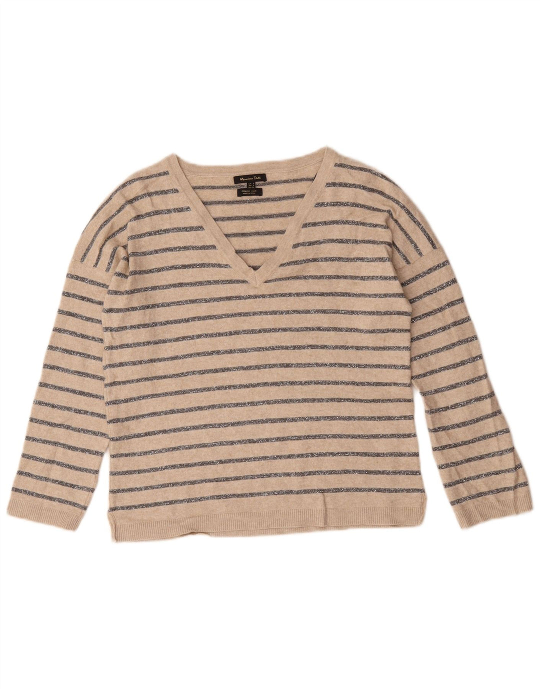 Massimo Dutti Maglione da donna con scollo a V UK 10 Piccolo Beige a righe