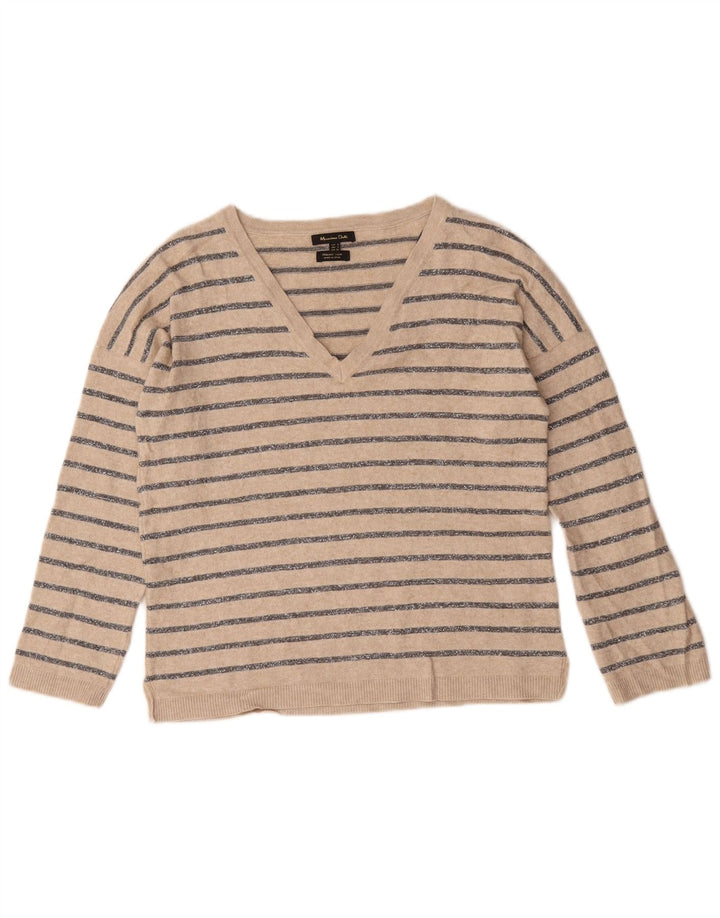 Massimo Dutti Maglione da donna con scollo a V UK 10 Piccolo Beige a righe