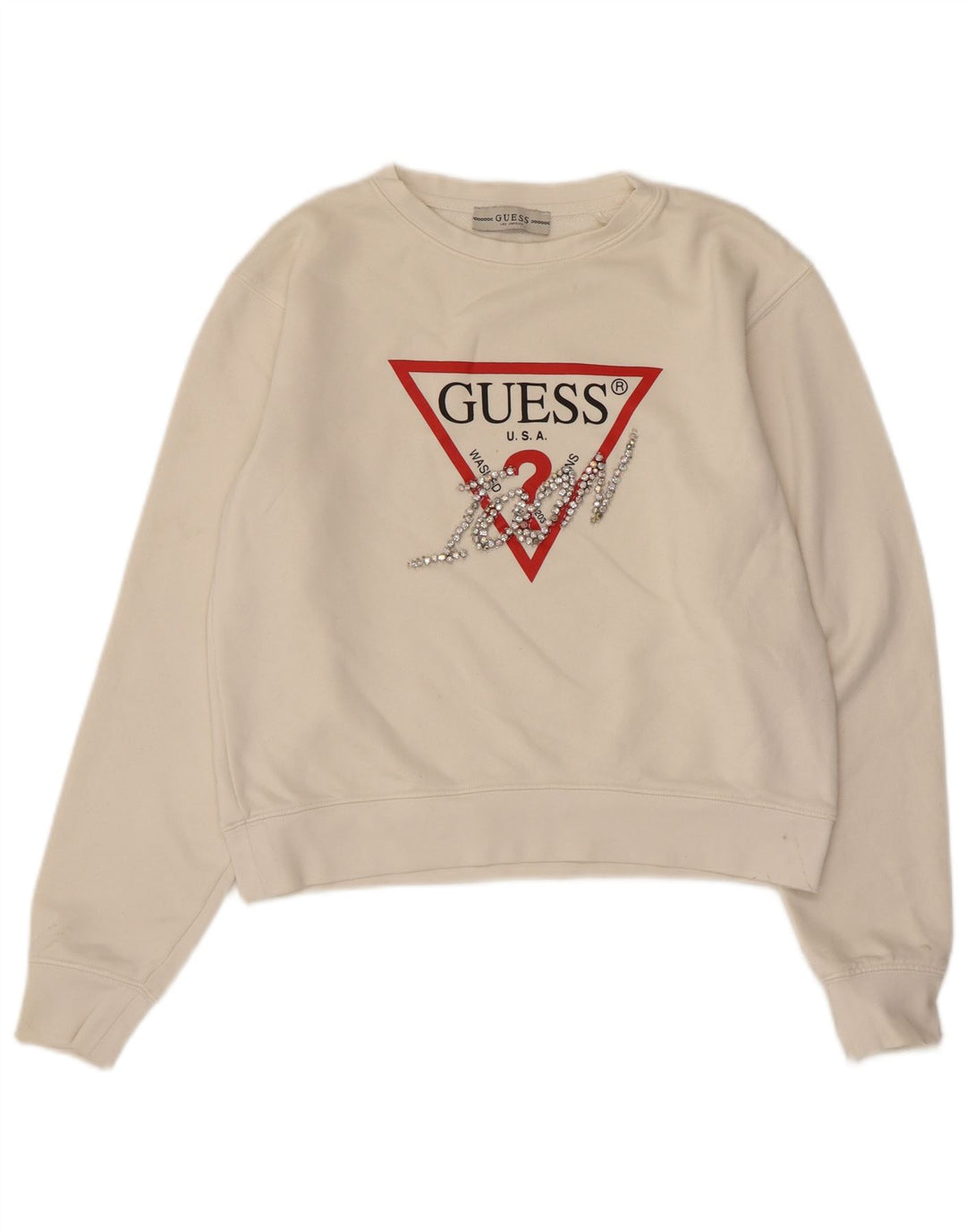 Guess Felpa con grafica corta da donna Maglione UK 10 Small Off White Poliammide