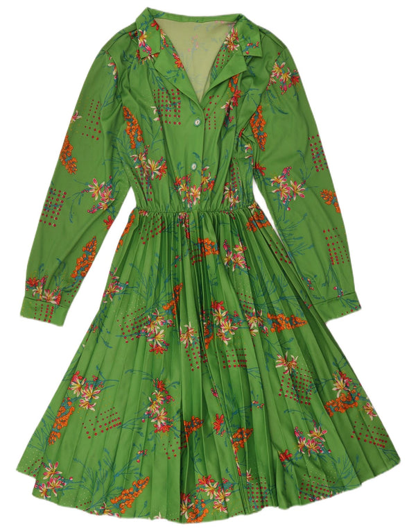 Abito a trapezio a maniche lunghe da donna VINTAGE UK 14 Grande motivo floreale verde