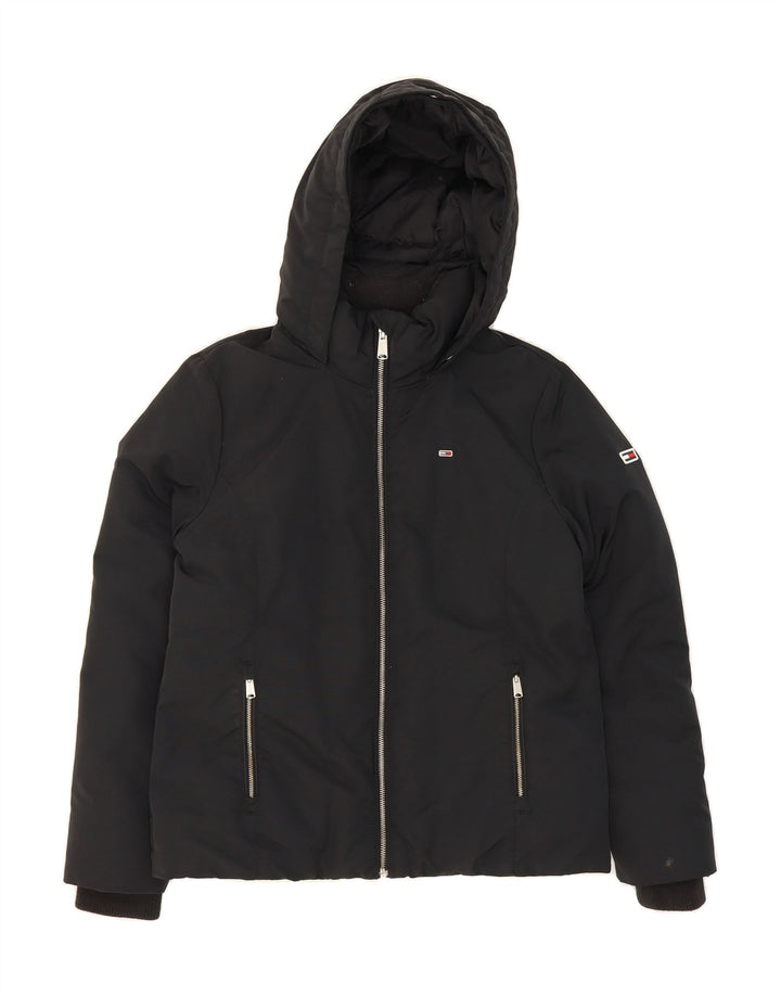 TOMMY HILFIGER Womens Hooded Padded Jacket UK 14 Medium Black Polyester Vintage Tommy Hilfiger and Second-Hand Tommy Hilfiger from Messina Hembry 