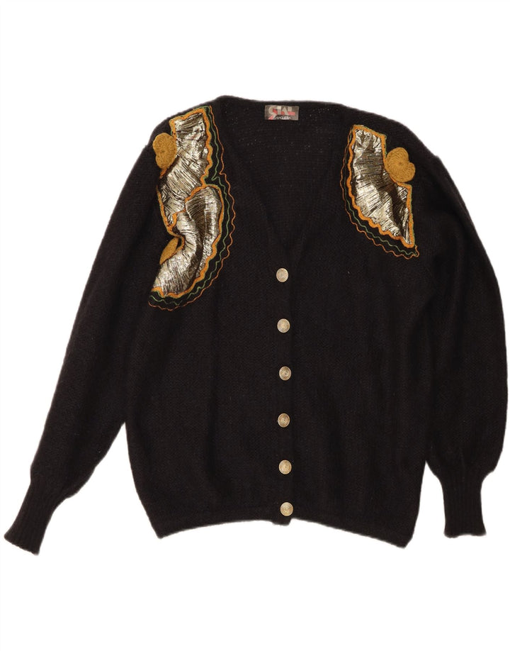 Maglione cardigan da donna vintage UK 16 grande mohair nero