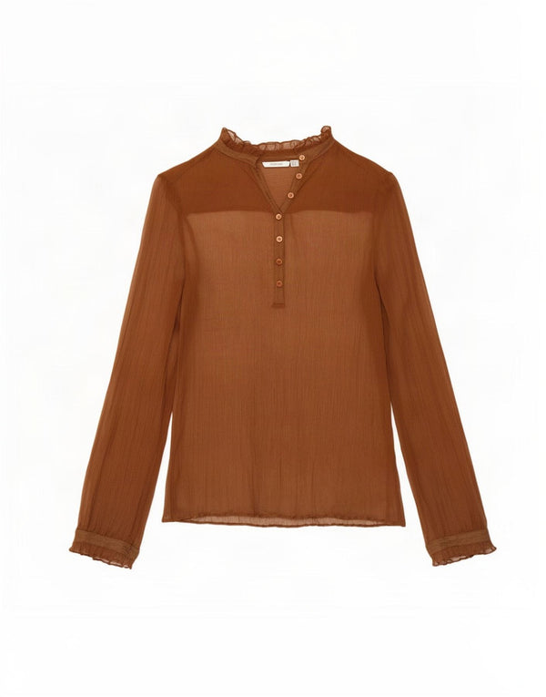 Top trasparente a maniche lunghe da donna Zara UK 14 Seta marrone medio