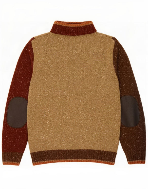 Vintage Mens Zip Neck Jumper Sweater Large Brown Colourblock Wool