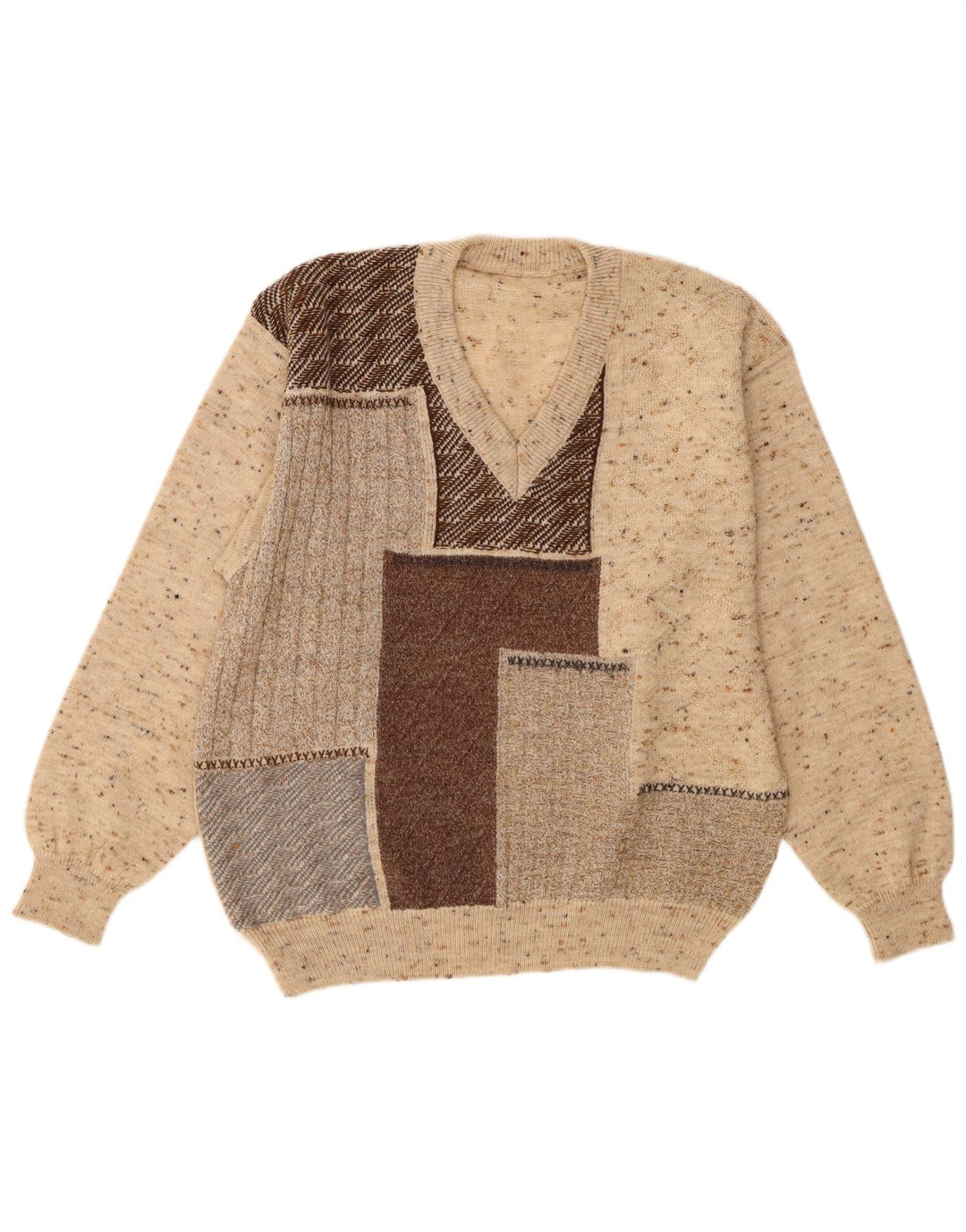 Maglione vintage da uomo con scollo a V IT 48 Lana color block beige medio