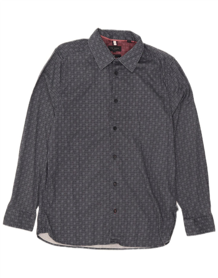 Ted Baker Camicia da uomo slim fit taglia 4 grande cotone geometrico blu navy