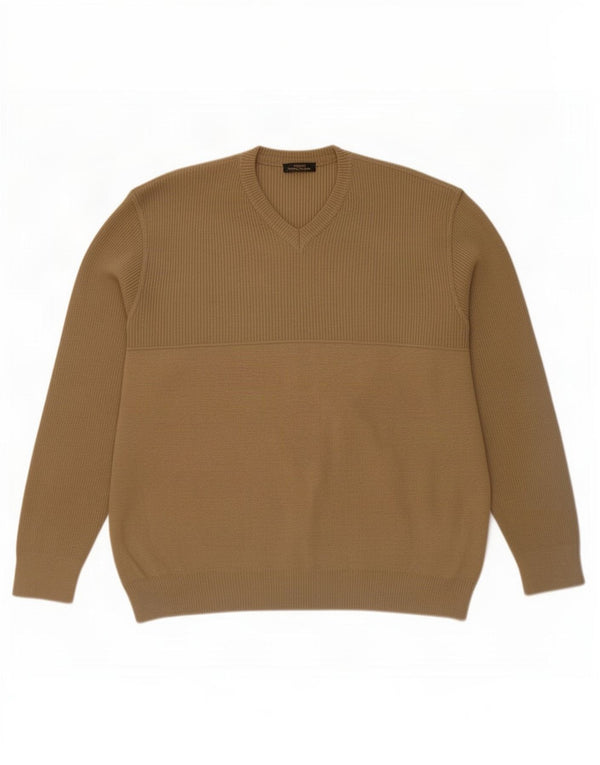 Marks & Spencer Mens St. Michael V-Neck Jumper Sweater XL Beige Merino Wool