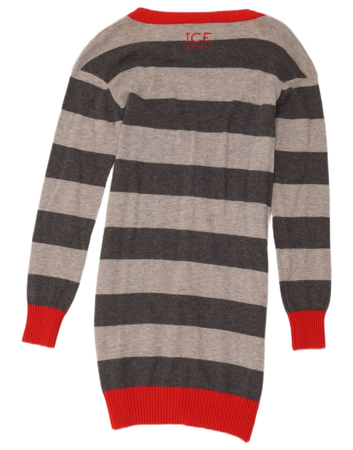 Maglione cardigan lungo da donna Iceberg UK 10 piccolo lana a righe grigie