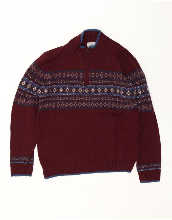 Maglione da uomo Marks & Spencer con zip e collo grande Fair Isle bordeaux