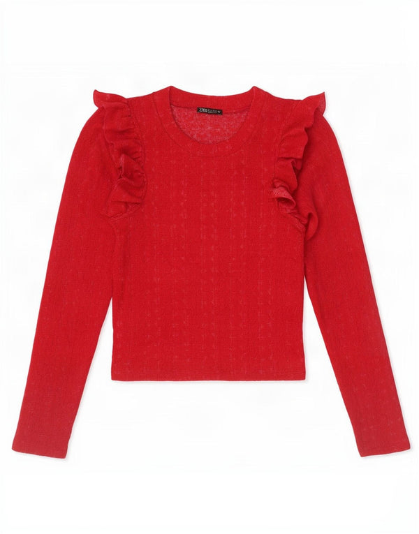 Zara Donna Top corto con volant sul davanti manica lunga UK 8 Small Rosso