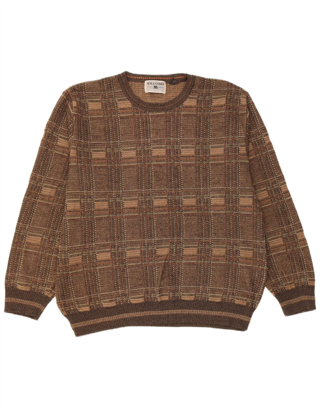 Maglione girocollo da uomo vintage a quadri marroni grandi