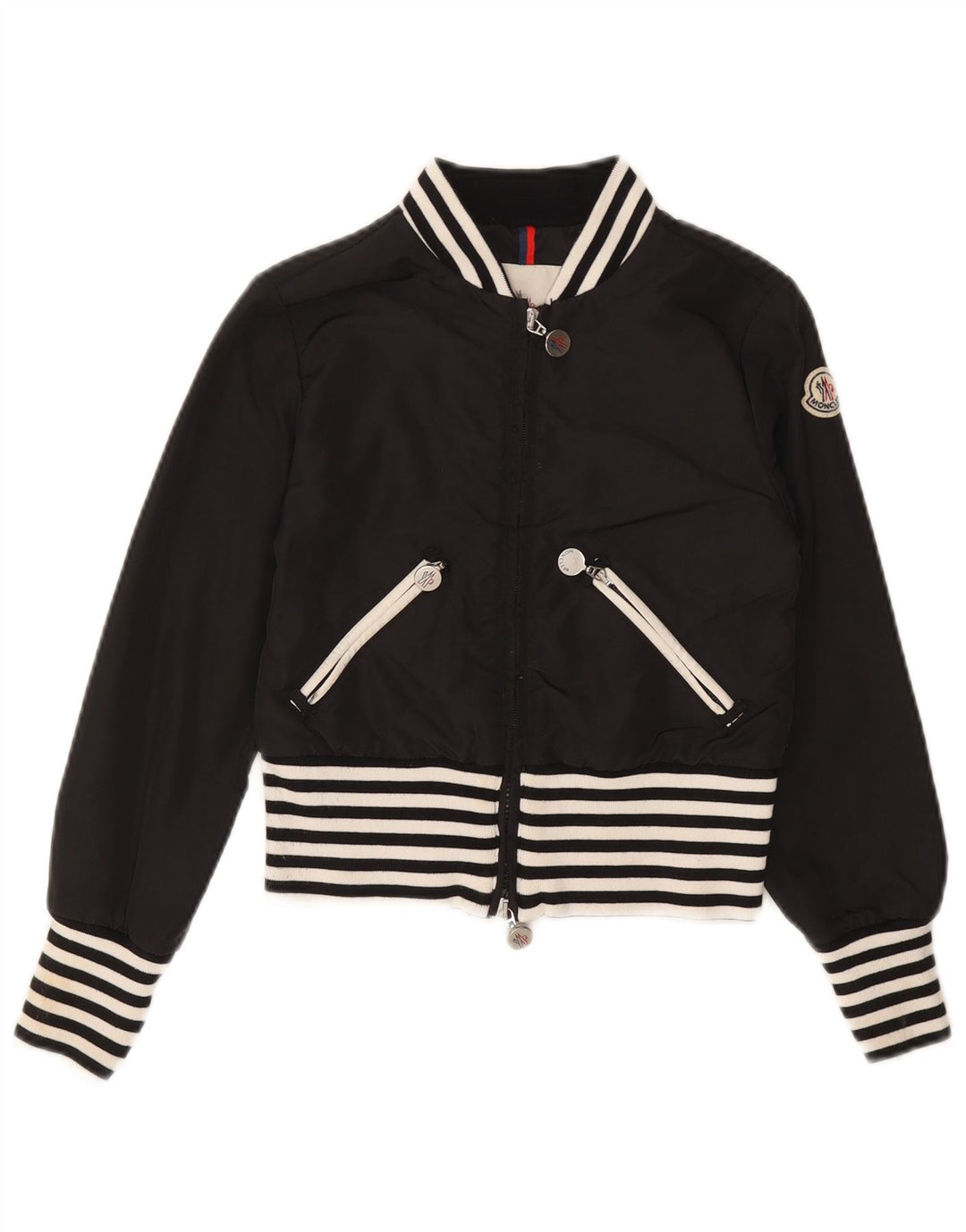 Giubbotto bomber corto Moncler per bambina 9-10 anni in poliammide a righe nere