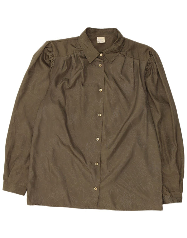 Camicetta camicia vintage da donna UK 14 Poliestere floreale kaki medio
