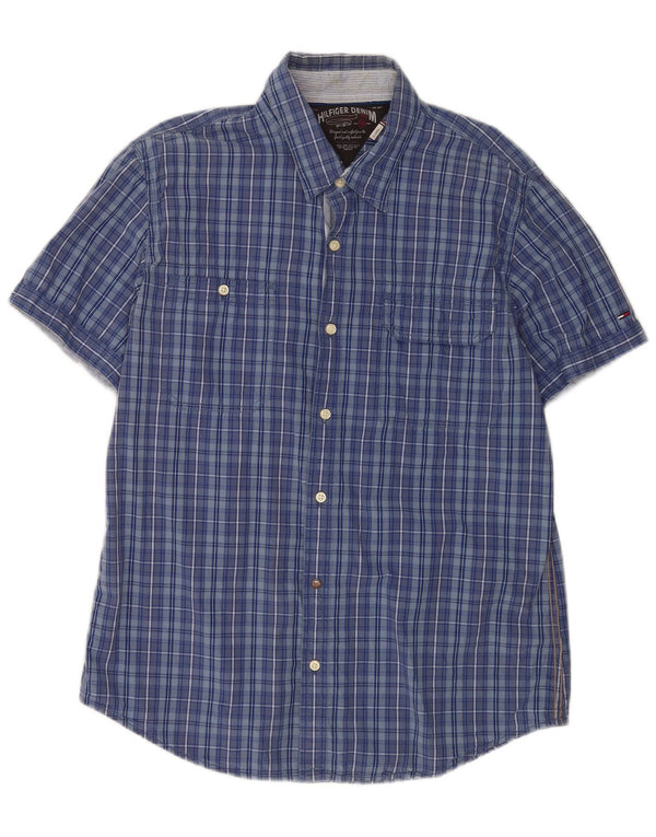 Camicia a maniche corte grafica da uomo Tommy Hilfiger XL in cotone a quadri blu