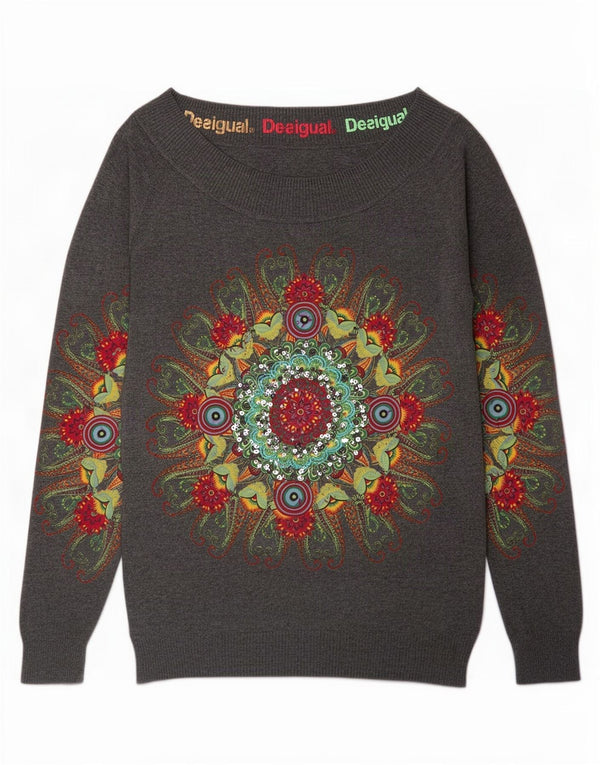 Desigual Donna Maglione con scollo a barchetta con grafica UK 18 XL Grigio geometrico