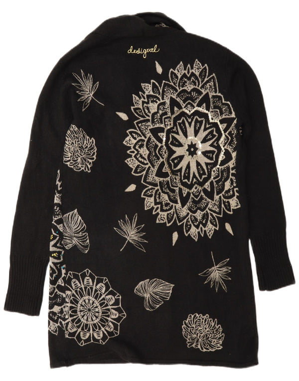 Desigual Donna Maglione Cardigan Lungo Oversize UK 6 XS Nero Floreale