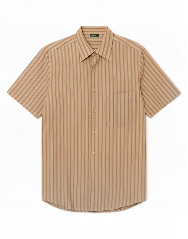 Camicia Benetton Uomo Manica Corta Piccola Rigata Beige