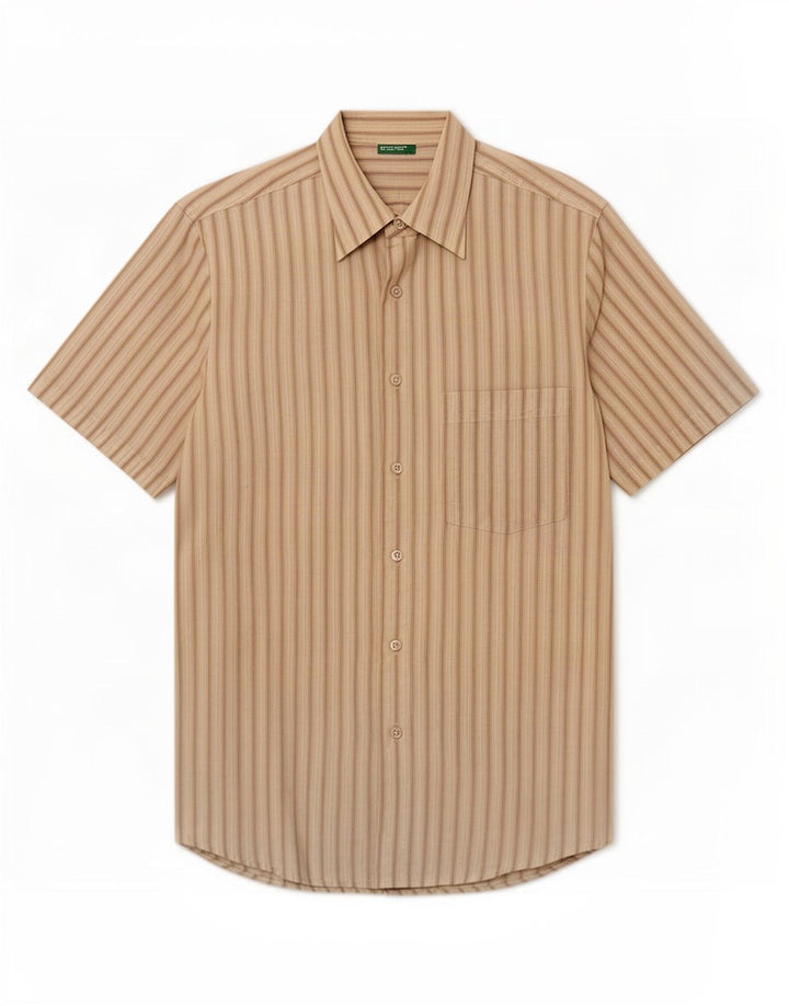 Camicia Benetton Uomo Manica Corta Piccola Rigata Beige