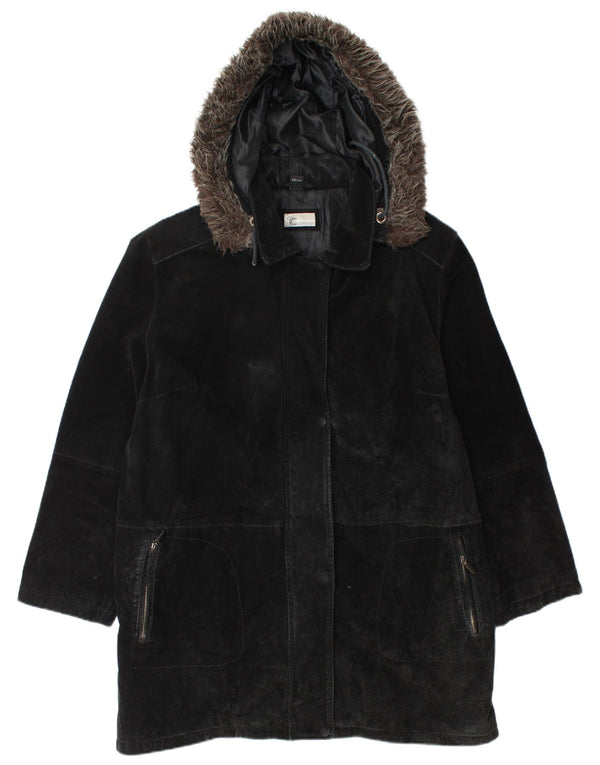 Cappotto giacca a vento in pelle scamosciata con cappuccio da donna Chalice UK 22 3XL Pelle nera