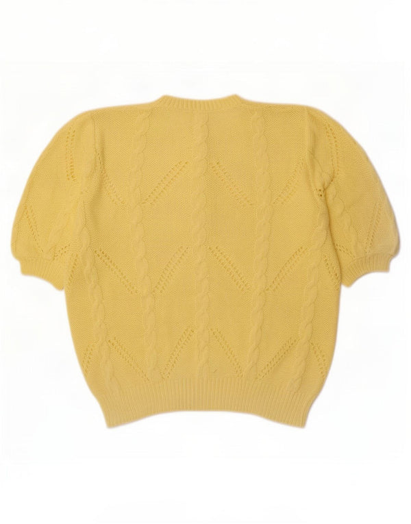 Maglione vintage da donna a maniche corte con collo a bottoni UK 18 XL Giallo