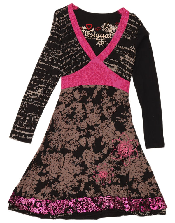 DESIGUAL Abito da donna a maniche lunghe con grafica grafica A-Line UK 12 Medio Nero Floreale