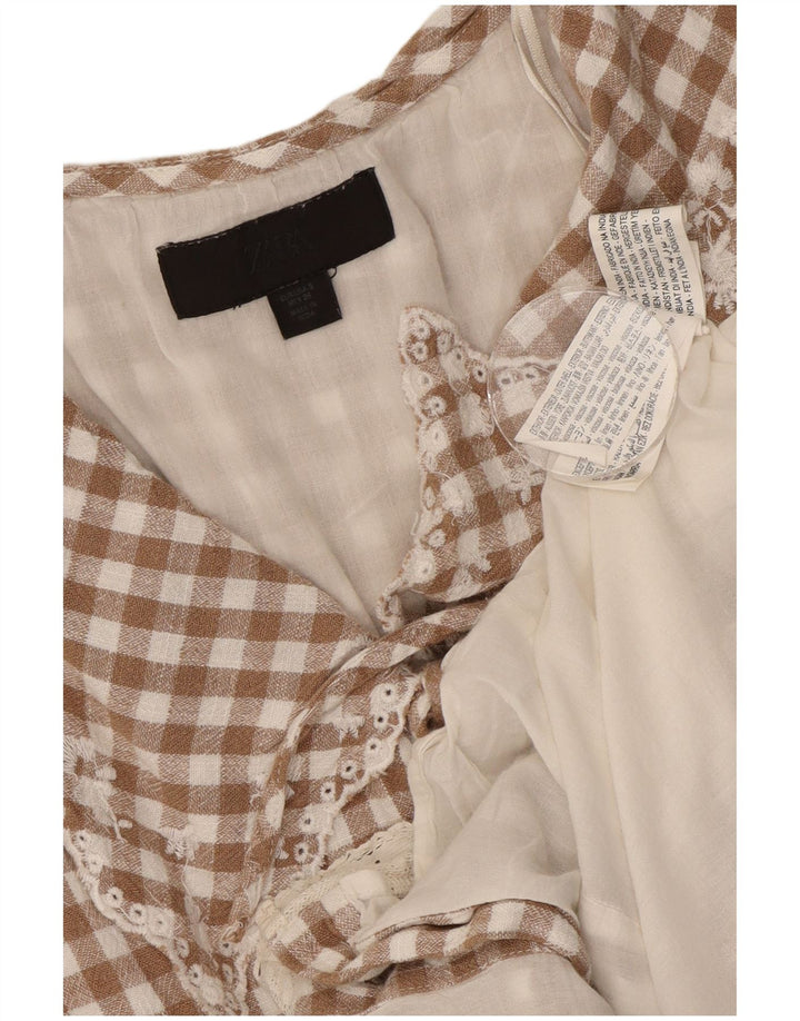 Abito a trapezio senza maniche da donna Zara UK 10 piccolo in viscosa a quadretti marrone