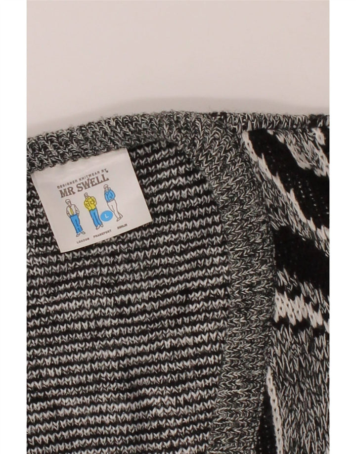VINTAGE Mens V-Neck Jumper Sweater Large Grey Geometric Acrylic