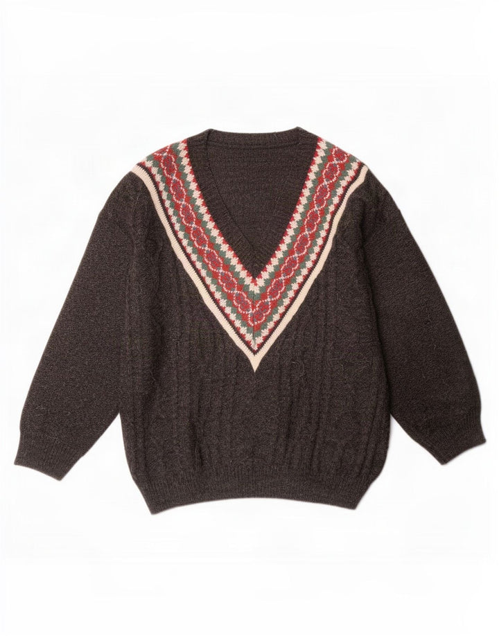 Maglione vintage da uomo con scollo a V, grande acrilico geometrico grigio