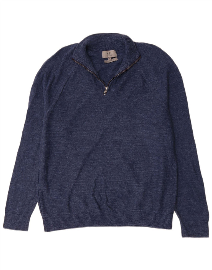Maglione da uomo Marks & Spencer con zip e collo grande in cotone chiazzato blu