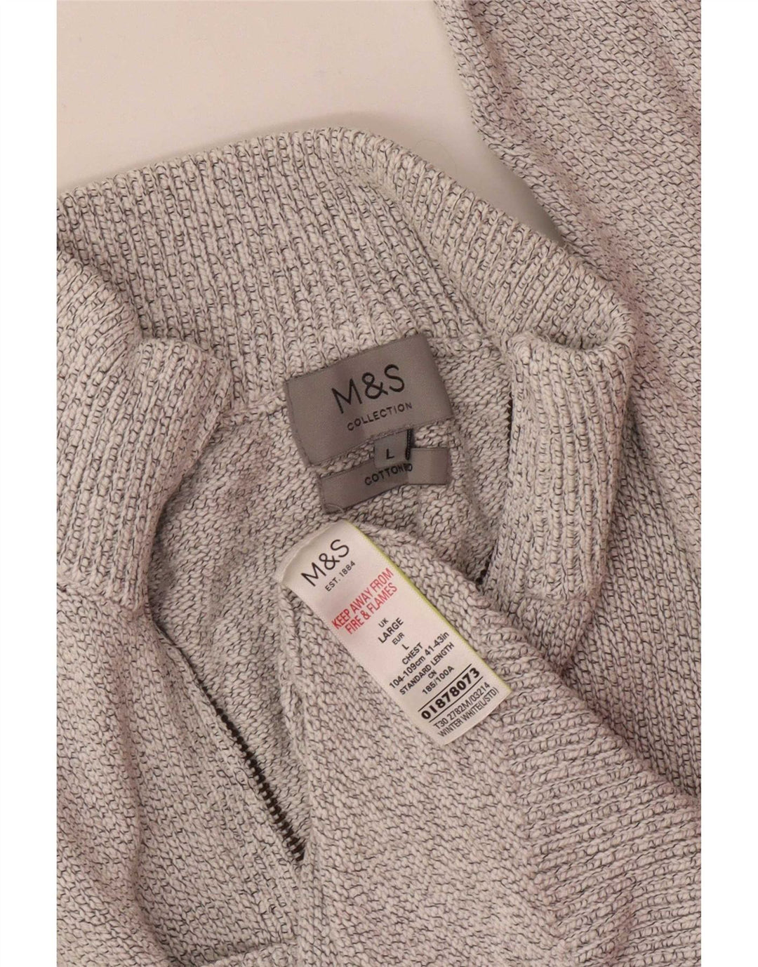 Maglione da uomo Marks & Spencer con zip e collo, grande, in cotone screziato bianco sporco