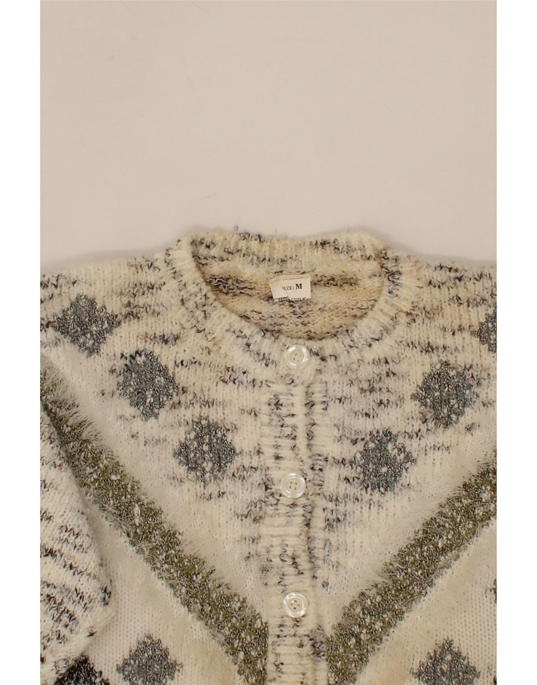 VINTAGE Womens Cardigan Sweater UK 14 Medium Off White Argyle/Diamond Vintage Vintage and Second-Hand Vintage from Messina Hembry 