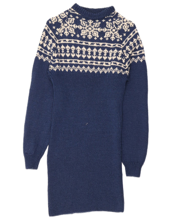 Abito maglione vintage da donna a maniche lunghe UK 10 Small Blue Fair Isle