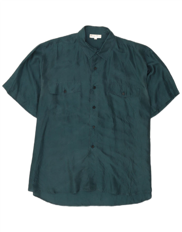 Camicia vintage da uomo a maniche corte grande in seta verde