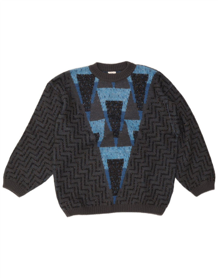 Maglione maglione girocollo da donna VINTAGE UK 16 grande lana Chevron grigia