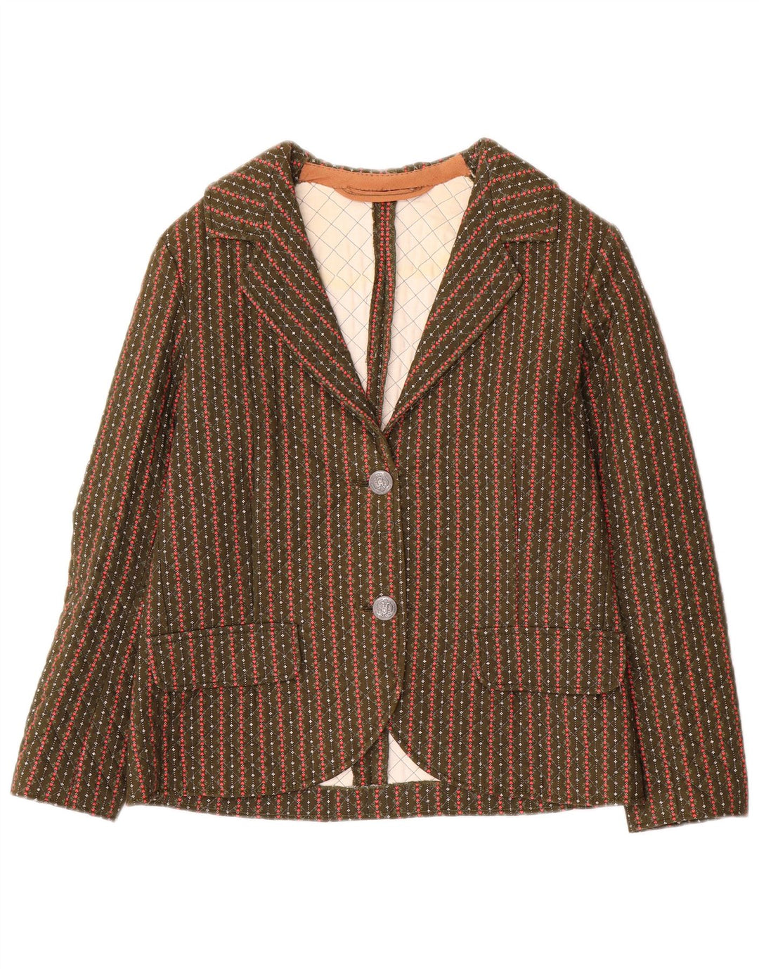 Giacca blazer vintage da donna a 2 bottoni UK 8 piccola a righe kaki