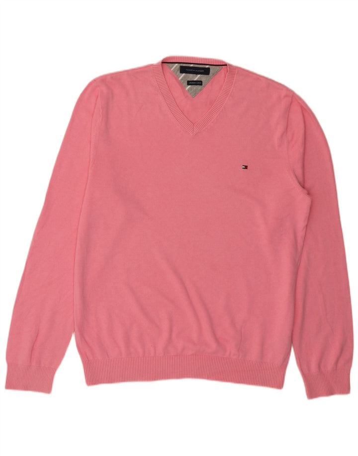 Maglione maglione con scollo a V da uomo Tommy Hilfiger in cotone rosa medio