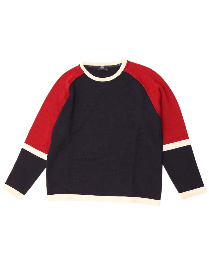 Maglione vintage da uomo girocollo piccolo in lana color block blu navy